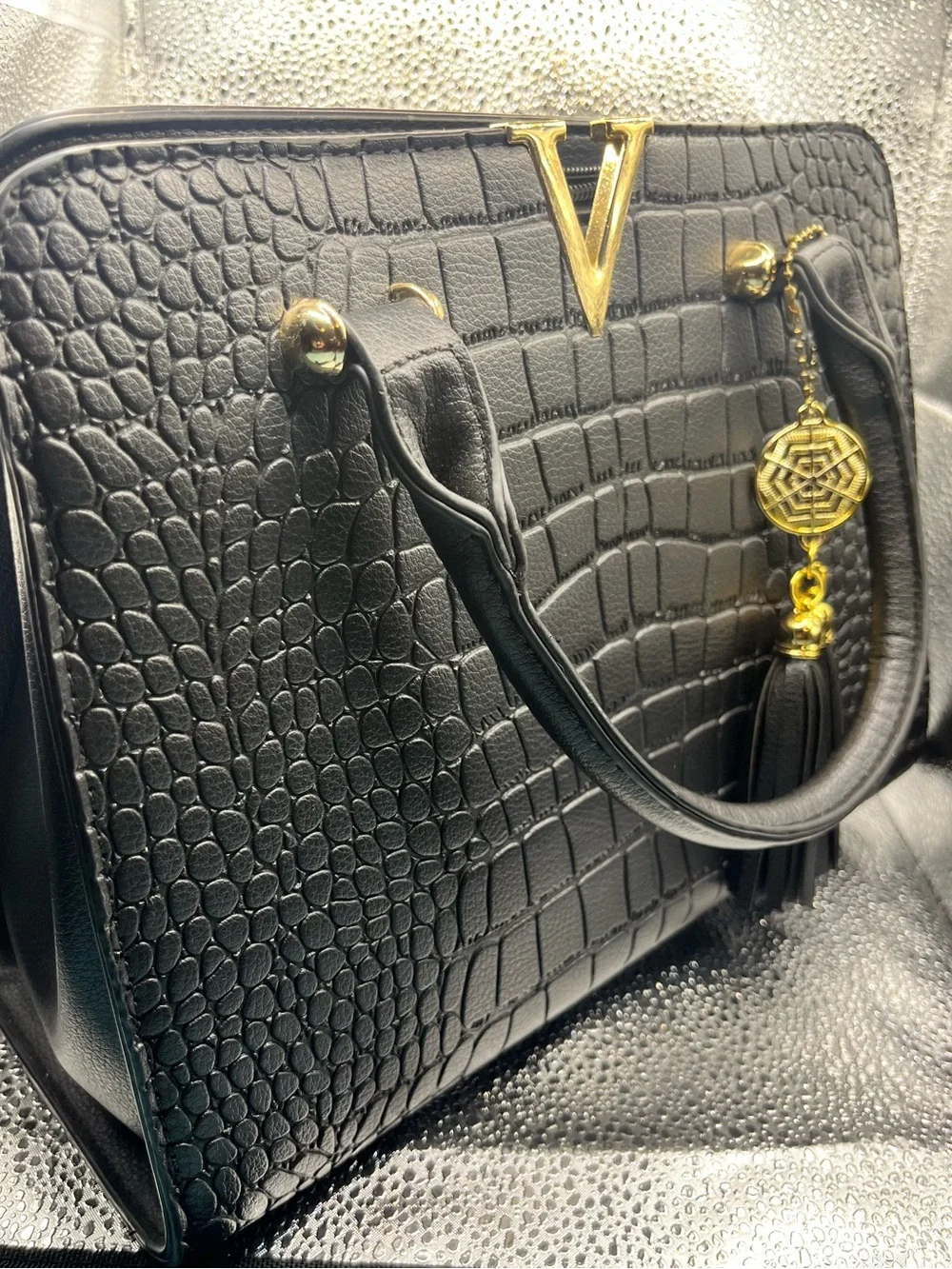 Black Croc-Texture Tote Bag with Gold Hardware